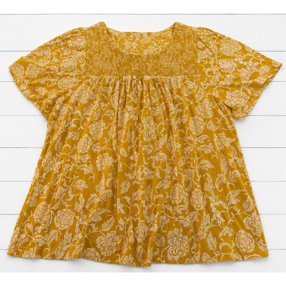 Lucky Brand Floral Smocked Flutter Sleeve Boho Mustard Yellow Blouse Medium